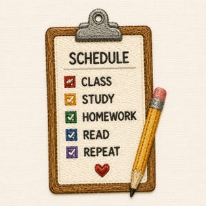 Könnte beinhalten: Ein gestickter Aufnäher in Form eines Klemmbretts mit braunem Rand und grauer Klemme. In der Mitte steht der Text SCHEDULE, gefolgt von einer Liste: CLASS, STUDY, HOMEWORK, READ, REPEAT, jeweils mit farbiger Checkbox und einem kleinen roten Herz.