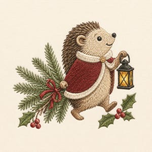 May include: An embroidery design of a hedgehog wearing a red cape with white trim, carrying a bundle of pine branches tied with a red ribbon and a glowing lantern. The scene includes green holly leaves and red berries on a cream background.