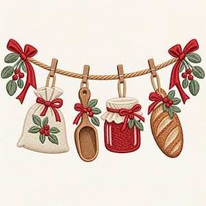May include: An embroidery design featuring a rope garland hung with wooden clothespins. Items include a white sack, a wooden scoop, a red jar with a white lid, and a loaf of bread. Each item is decorated with red bows and green holly leaves.