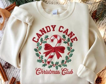 EMBROIDERED Candy Cane Christmas Club design, Coquette Christmas Squad Tee, Holiday Women design, Christmas Candy design, Xmas Bow design