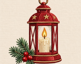 Christmas Lantern Machine Embroidery Design, Red Candle Lantern with Pine and Berries Digital File, Cozy Holiday Winter Decoration