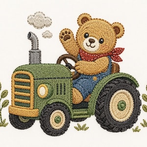 May include: An embroidery design featuring a light brown teddy bear wearing a red bandana and blue overalls, sitting in a green tractor with yellow accents. The tractor has a grey exhaust pipe with white clouds above and green plants on each side.
