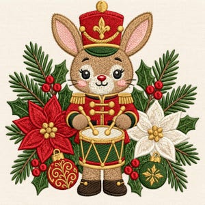 May include: An embroidered design of a brown rabbit dressed as a toy soldier in a red jacket and hat, playing a green and gold drum. The rabbit is surrounded by red and white poinsettias, green pine branches, red berries, and two ornaments.