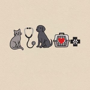 May include: An embroidered design featuring a gray cat, a stethoscope, a black dog, a pet carrier with a red heart, and a cross with a paw print. The design is on a beige background.