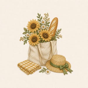 May include: An embroidery design featuring a beige tote bag filled with yellow sunflowers, white daisies, green foliage, and a baguette. Beside the bag sits a folded yellow and white checkered cloth and a straw hat with a green ribbon bow.
