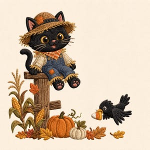 May include: An embroidery design featuring a black cat dressed as a scarecrow in a straw hat and blue denim overalls, sitting on a wooden fence post. Below are orange and white pumpkins, corn stalks, and autumn leaves, with a crow holding candy corn.