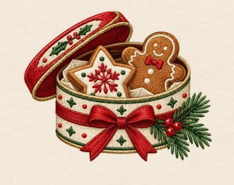 Christmas Cookie Tin Machine Embroidery Design, Gingerbread and Holiday Cookies Digital File, Festive Baking Design for Kitchen Linens