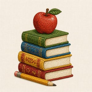 Back to School Books Embroidery Design, Apple and Book Stack Machine Embroidery File, Teacher Embroidery Pattern, School Digital Download