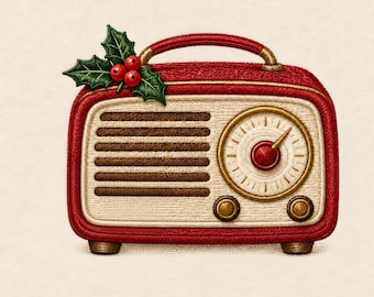 Vintage Christmas Radio Machine Embroidery Design, Retro Red Holiday Radio with Holly Digital File, Nostalgic Winter Music Decor