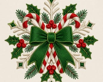 Christmas Candy Cane Bow Embroidery Design, Holly Berries Snowflake Machine Embroidery File, Festive Holiday Ornament Digital Download
