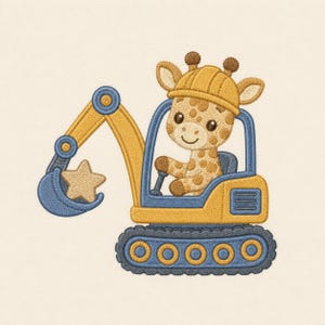 May include: An embroidery design featuring a tan giraffe with brown spots wearing a yellow hard hat, sitting inside a yellow and blue excavator. The excavator arm is extended and holds a tan five-pointed star in its blue bucket.