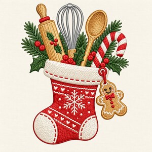 May include: An embroidered red Christmas stocking with a white cuff, filled with a wooden rolling pin, a silver whisk, a wooden spoon, green pine branches, red berries, and a candy cane. A gingerbread man cookie charm hangs from the cuff.