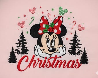 Minnie Mouse Christmas Embroidery Design, Cute Disney Christmas Stitch Pattern, Minnie Holiday Embroidery File, Xmas Bow and Trees