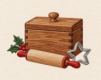Christmas Baking Machine Embroidery Design, Wooden Recipe Box and Star Cookie Cutter Digital File, Holiday Kitchen Sewing Pattern