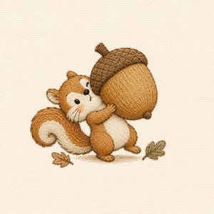 Simpatico disegno per ricamo di uno scoiattolo, uno scoiattolo che tiene una ghianda gigante con foglie autunnali, file per ricamo a macchina a tema bosco