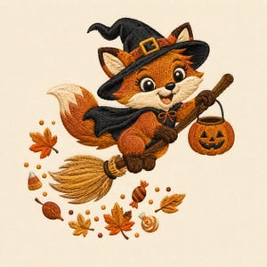 May include: An embroidered design of a fox wearing a black witch hat and cape, flying on a broomstick while holding a jack-o'-lantern bucket. The scene includes scattered autumn leaves, candy corn, and wrapped candies in orange and brown tones.