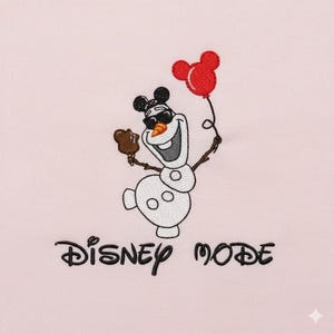 May include: Embroidered design featuring Olaf from Frozen wearing sunglasses and holding a Mickey Mouse-shaped balloon and a chocolate-covered ice cream bar. The text "Disney Mode" is below the character on a pink background.