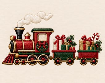 Christmas Train with Gifts Machine Embroidery Design, Vintage Holiday Locomotive Digital File, Festive Toy Train for Shirts and Decor