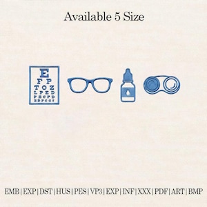 May include: Blue embroidered eye chart, glasses, eye drop bottle, and contact lens case. The text "Available 5 Size" is above the images. Below the images are file type abbreviations.
