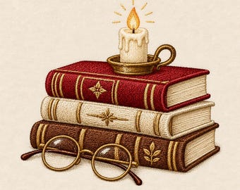 Cozy Books and Candle Embroidery Design, Vintage Reading Stack Machine Embroidery File, Library Gift PES DST JEF Instant Download
