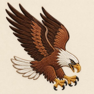 Puede incluir: Un parche bordado que muestra un águila calva en vuelo con las alas extendidas. El águila tiene plumas de color marrón oscuro y claro, cabeza y cola blancas, pico amarillo y garras amarillas con puntas negras sobre un fondo de color crema.