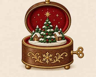 Christmas Music Box Embroidery Design, Snowy Village Tree Machine Embroidery File, Vintage Winter Decor PES DST JEF Instant Download