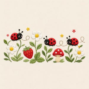May include: An embroidery design featuring three red ladybugs with black spots, a red strawberry, a red mushroom with white spots, and three white daisies with yellow centers, all connected by green stems and leaves on a cream background.