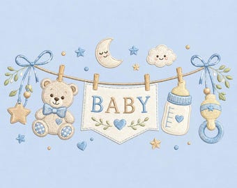 Baby Boy Nursery Embroidery Design, Teddy Bear Baby Banner Embroidery File, Baby Bottle Rattle Moon Cloud Pattern