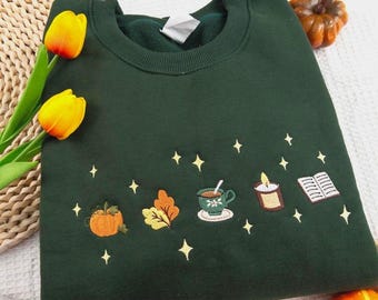 Autumn Icons Embroidered Design, Pumpkin And Books Embroidered Design, Embroidered Fall Bookish Design, Autumn Design, Back to College