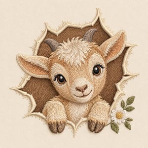 May include: An embroidered patch featuring a light brown baby goat with small horns and large dark eyes, appearing to peek through a jagged, torn-effect opening. A single white daisy with green leaves is positioned at the bottom right corner.