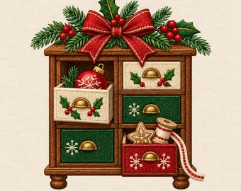 Christmas Drawer Cabinet Embroidery Design, Holiday Storage Chest Machine Embroidery File, Cozy Decor PES DST JEF Instant Download