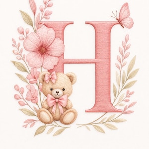 Puede incluir: Ilustración en acuarela con la letra rosa «H», adornada con un osito de peluche, flores y una mariposa. El osito de peluche tiene un lazo rosa, y los elementos florales incluyen flores rosas y hojas verdes. El diseño tiene una paleta de colores pastel.