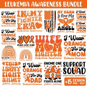 Puede incluir: Un paquete de diseños de Concienciación sobre la Leucemia en naranja y blanco. Los diseños incluyen frases como "I Wear Orange For My Brother", "In My Fighter Era" y "Support Squad". El paquete también incluye diseños de gnomos y un diseño con una cinta.