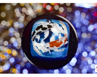 Yin Yang Koi Fish Resin Keycap – Black and Red Artisan Keycap with Ocean Blue Base | Handmade Keycap for MX Mechanical Keyboards
