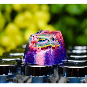 May include: A colorful artisan keycap with a detailed design. The keycap features a vibrant, layered design with pink, blue, yellow, and green hues, encased in a clear resin. The keycap is set on a keyboard with silver keycaps.