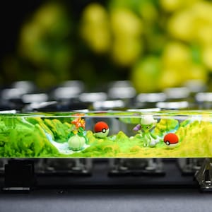 Può includere: Un copritasto personalizzato per tastiera con una scena paesaggistica in miniatura. Il copritasto presenta un terreno verde e giallo con piccole figurine e disegni di Pokeball rossi e bianchi. Il copritasto è posto su uno sfondo sfocato di altri tasti.
