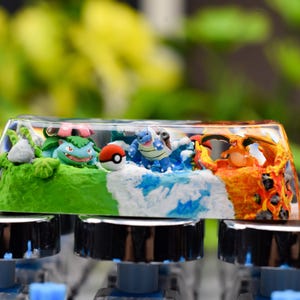 May include: A custom keycap with a detailed Pokémon design. The keycap features a green landscape with a Bulbasaur, a Poké Ball, a blue Blastoise, and a fiery Charizard. The keycap is set on a black and silver keyboard.