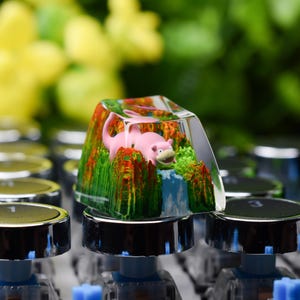 Puede incluir: Una tecla de teclado personalizada transparente con un personaje de dibujos animados rosa en un paisaje en miniatura con follaje rojo y verde y una cascada. La tecla está en un teclado con teclas negras y plateadas.