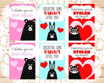 Kids Valentine Printable, Woodland Valentine Cards For Kids, Valentine Digital Print, Boy Girl Valentine, Valentine Bear Bunny Raccoon