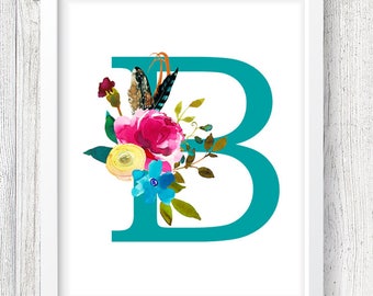 Letter B Digital Print, Monogram Print, Custom Nursery Print, Floral Print, Instant Download, 8x10 Digital Print, Nursery Wall Decor, Baby