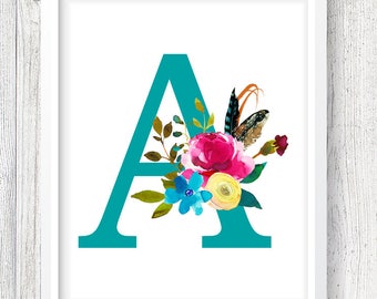 Letter A Digital Print, Monogram Print, Custom Nursery Print, Floral Print, Instant Download, 8x10 Digital Print, Nursery Wall Decor, Baby