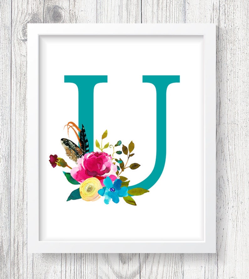 Letter U Digital Print, Monogram Print, Custom Nursery Print, Floral Print, Instant Download, 8x10 Digital Print, Nursery Wall Decor, Baby image 1