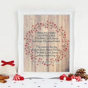 Christmas Print, Away in a manger Print, Holiday Digital Print, Instant Download, 8 x 10 Digital, Wreath, Wood Background, Christmas Sign image 1
