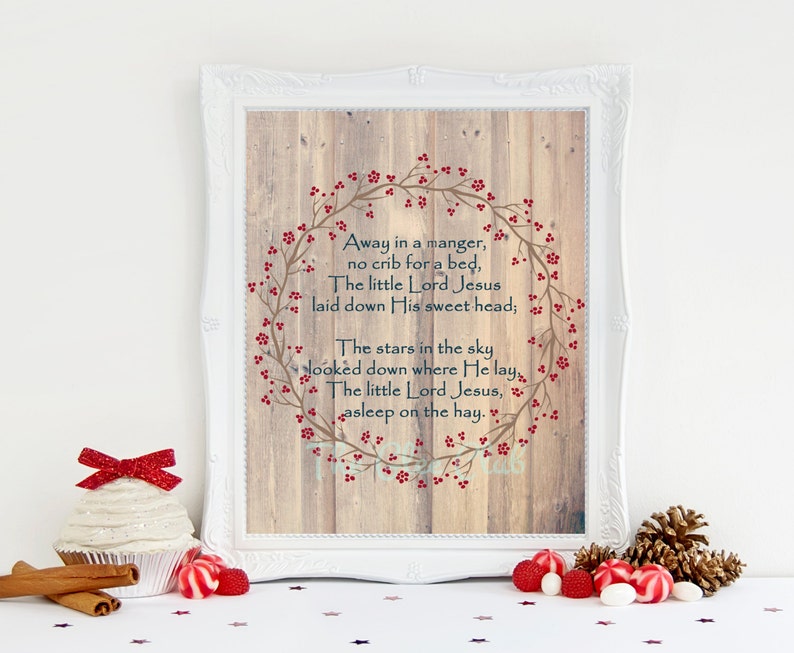 Christmas Print, Away in a manger Print, Holiday Digital Print, Instant Download, 8 x 10 Digital, Wreath, Wood Background, Christmas Sign image 1