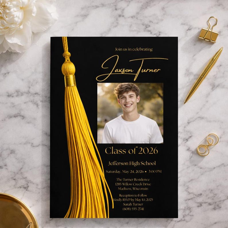 Class of 2026 Graduation Invitation Template | Black Gold Photo Grad ...
