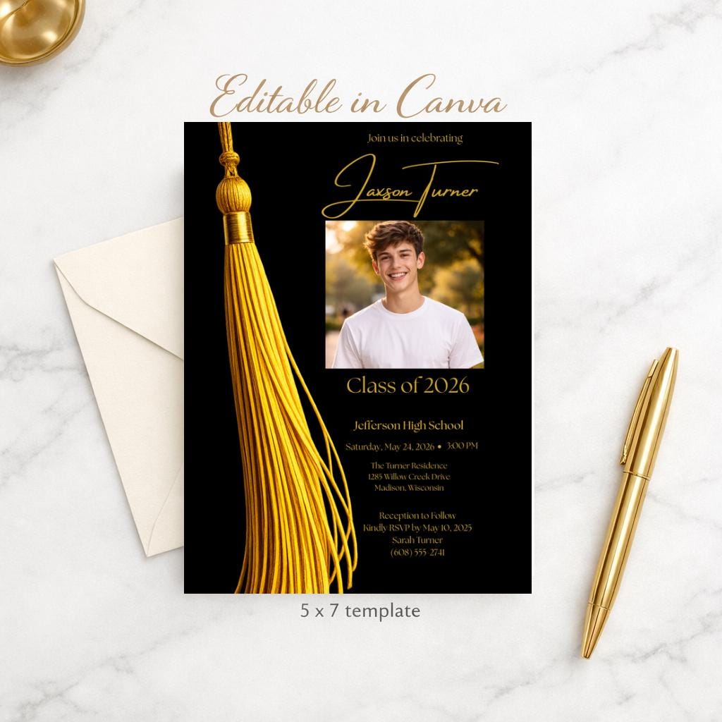 Class of 2026 Graduation Invitation Template | Black Gold Photo Grad ...