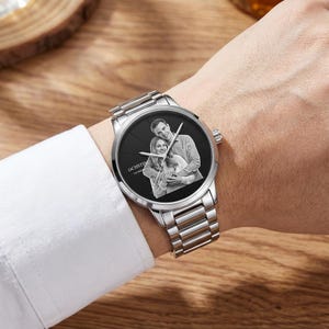 Reloj con grabado de cristal, movimiento mecánico con fecha justa, regalo de aniversario único, reloj con foto para pareja, personalizado y grabado en cristal para él.