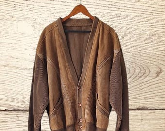 Cárdigan de punto y ante vintage de Bally, color caramelo, clásico para hombre, talla XL