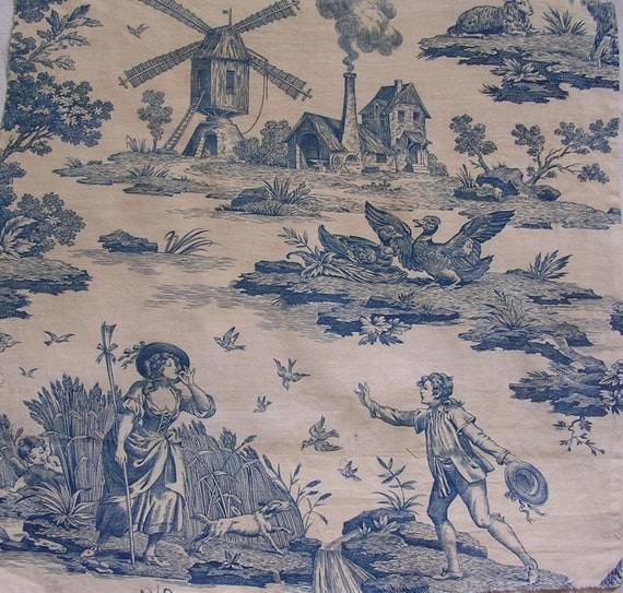 Items similar to Antique French Toile Fabric Blue 19th c. Shepherdess ...