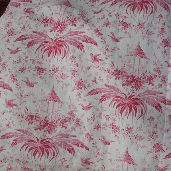 Antique French Fabric Rosey Red Toile Garden and Birds 44 X 32"